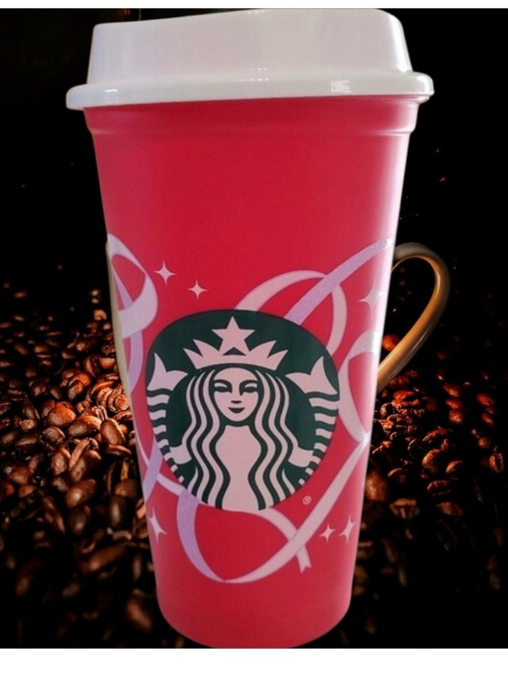 STARBUCKS 50 Years of Coffee & Joy 16 oz Plastic Cup Ribbons